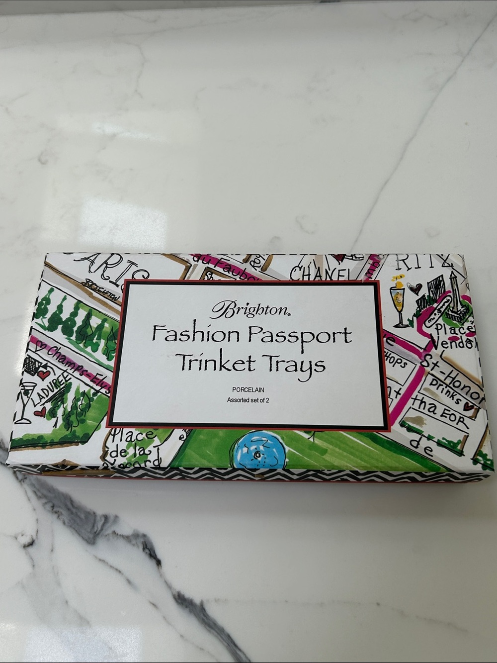 Brighton Porcelain Fashion Passport Trinket Trays — Green, Pink, Blue, Black